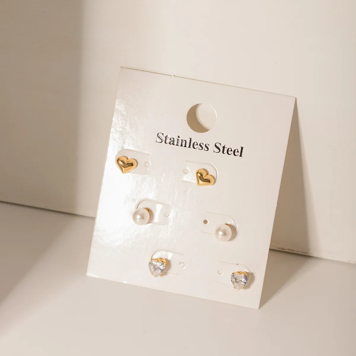 3 Pairs IG Style Simple Style Heart Shape Inlay 304 Stainless Steel Pearl Zircon 18K Gold Plated Ear Studs