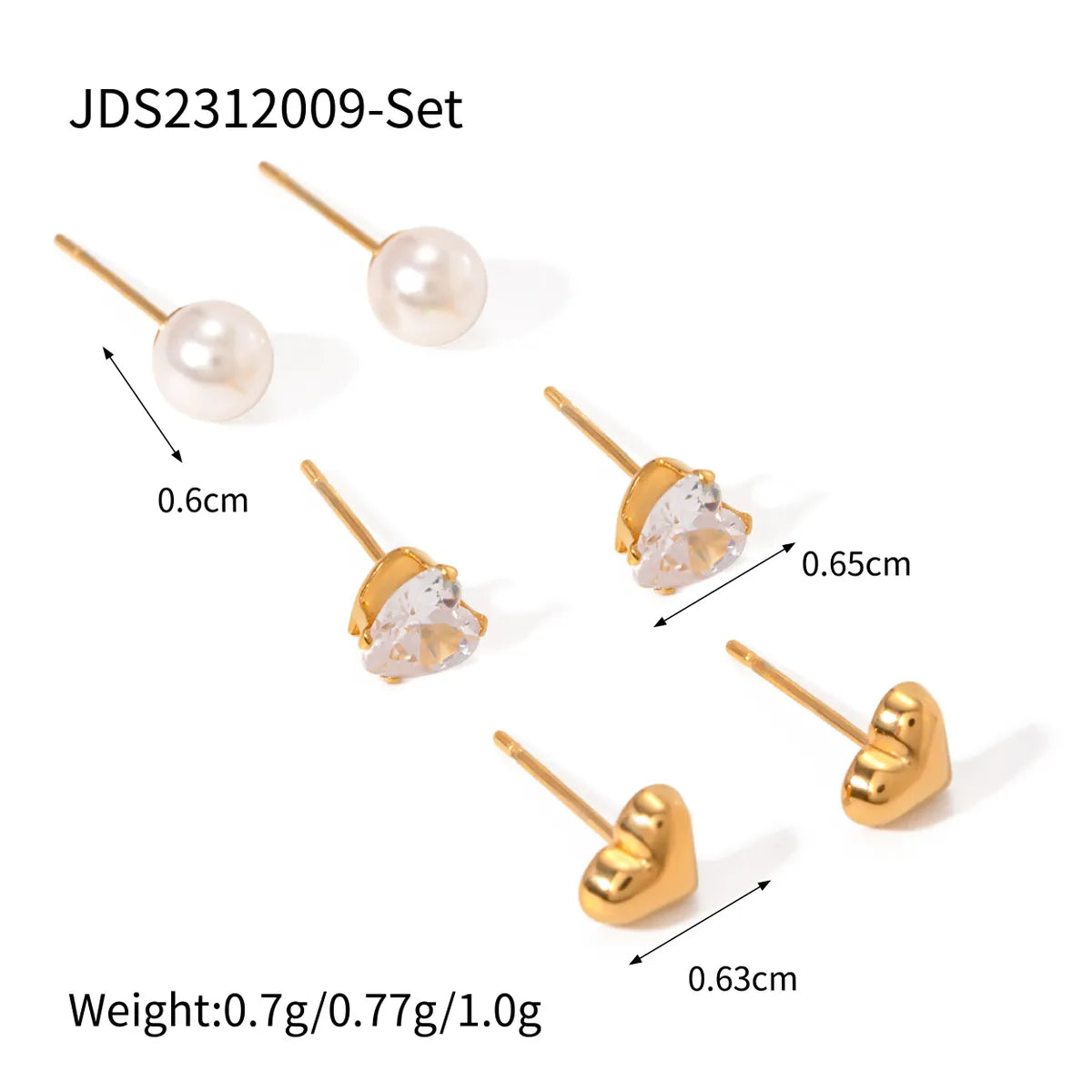 3 Pairs IG Style Simple Style Heart Shape Inlay 304 Stainless Steel Pearl Zircon 18K Gold Plated Ear Studs