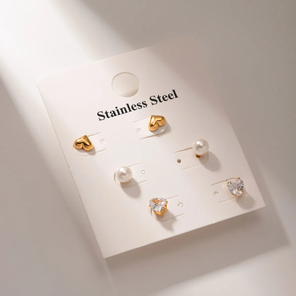 3 Pairs IG Style Simple Style Heart Shape Inlay 304 Stainless Steel Pearl Zircon 18K Gold Plated Ear Studs