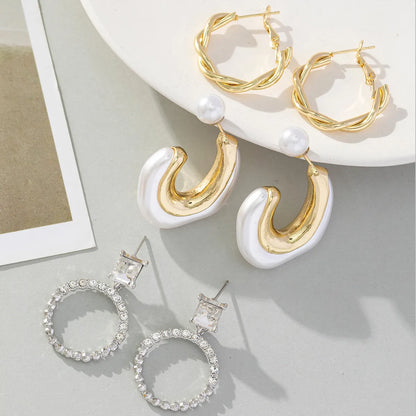 3 Pairs Korean Style C Shape Circle Twist Inlay Imitation Pearl Alloy Rhinestones Earrings