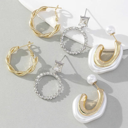 3 Pairs Korean Style C Shape Circle Twist Inlay Imitation Pearl Alloy Rhinestones Earrings