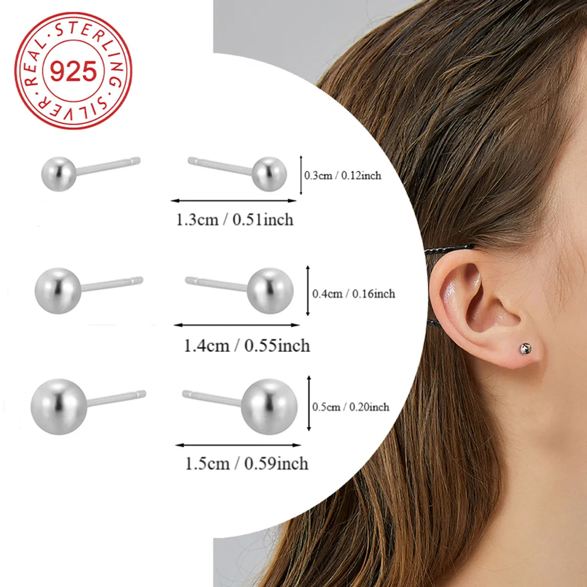 3 Pairs Modern Style Simple Style Classic Style Solid Color Plating Sterling Silver Silver Plated Ear Studs