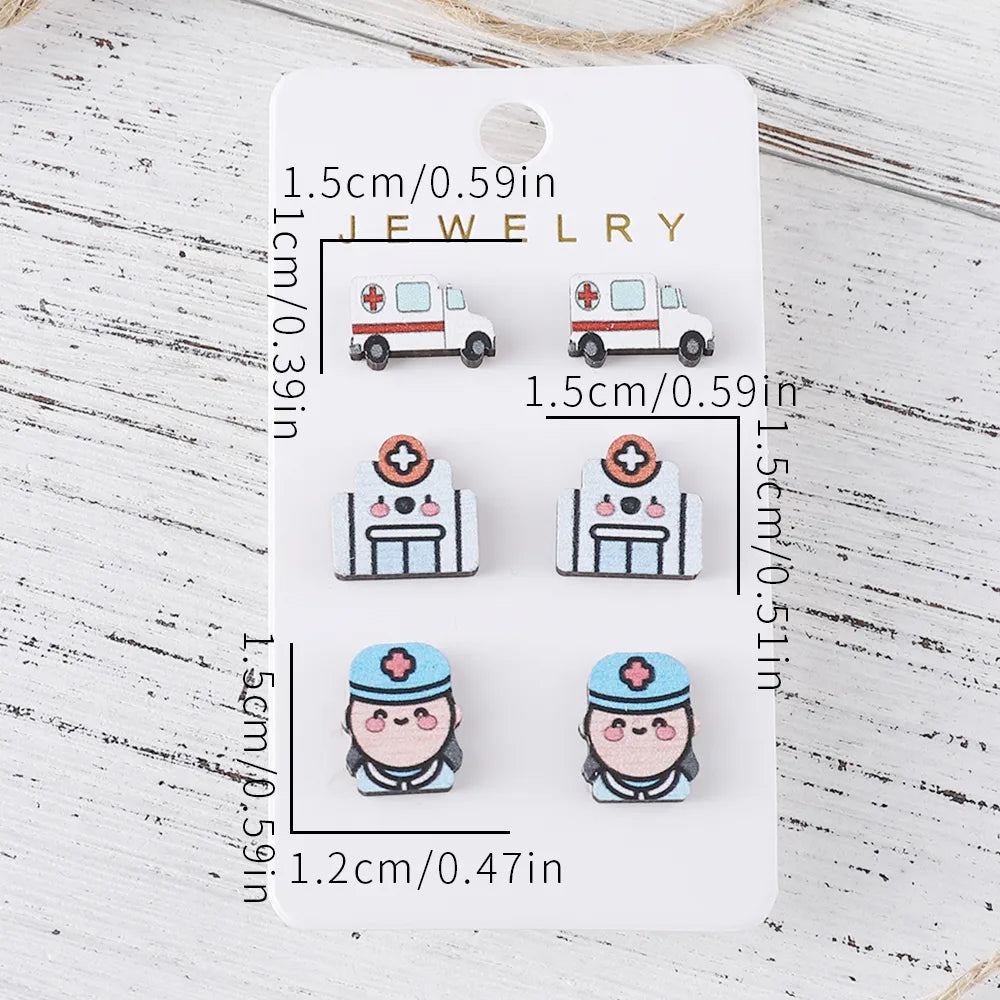 3 Pairs Retro Cartoon Car Wood Ear Studs