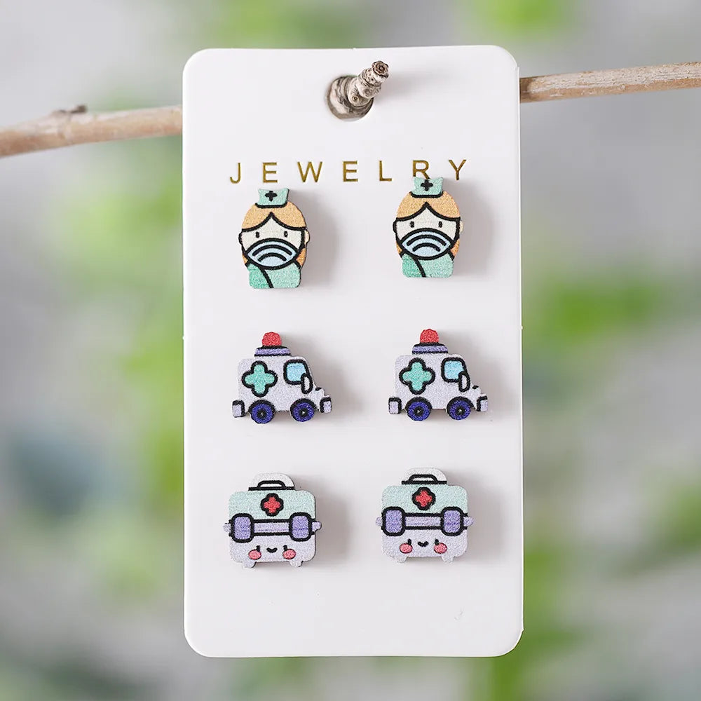 3 Pairs Retro Cartoon Car Wood Ear Studs