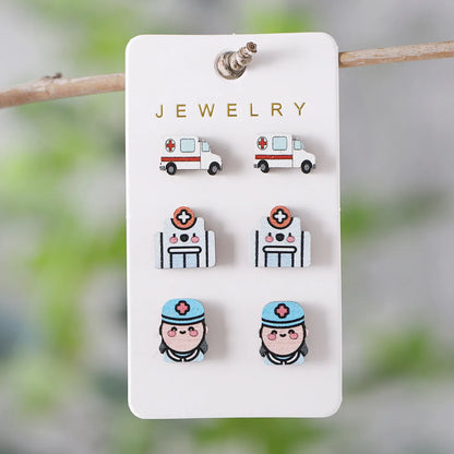 3 Pairs Retro Cartoon Car Wood Ear Studs