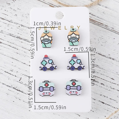 3 Pairs Retro Cartoon Car Wood Ear Studs