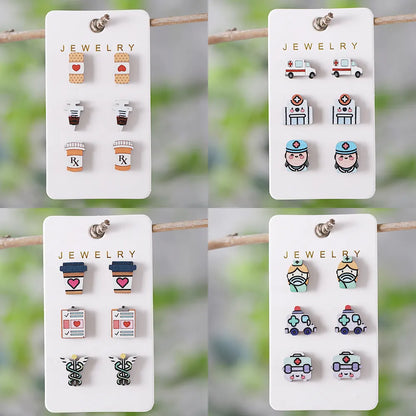 3 Pairs Retro Cartoon Car Wood Ear Studs