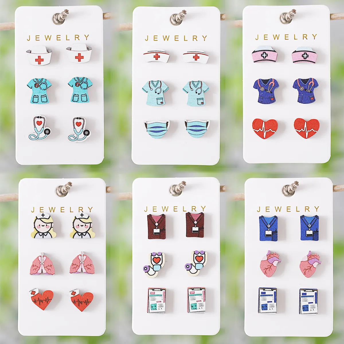 3 Pairs Retro Cartoon Heart Shape Wood Ear Studs