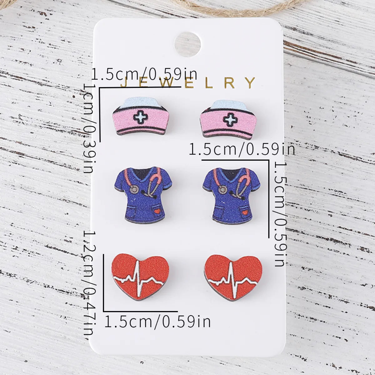 3 Pairs Retro Cartoon Heart Shape Wood Ear Studs