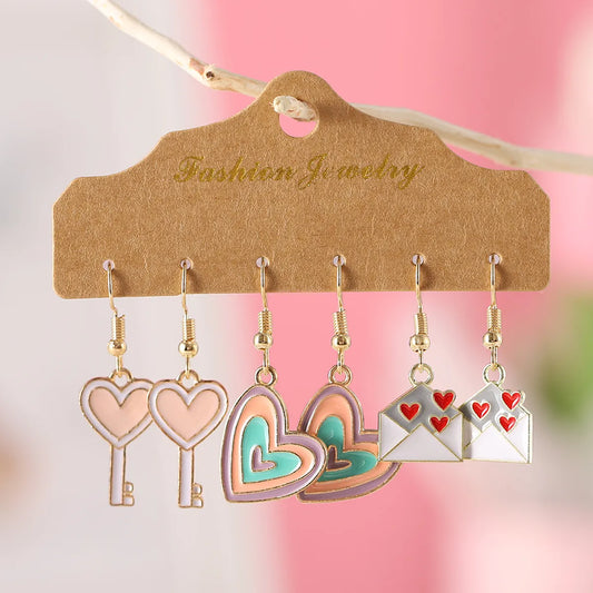 3 Pairs Retro Heart Shape Key Wood Drop Earrings