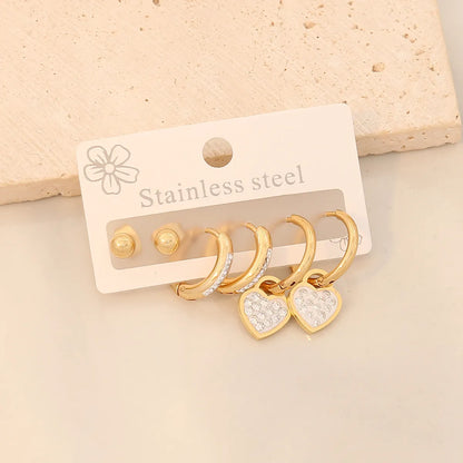 3 Pairs Simple Style Classic Style Heart Shape Butterfly Plating Inlay 304 Stainless Steel Zircon 18K Gold Plated Drop Earrings