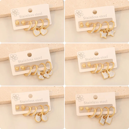 3 Pairs Simple Style Classic Style Heart Shape Butterfly Plating Inlay 304 Stainless Steel Zircon 18K Gold Plated Drop Earrings