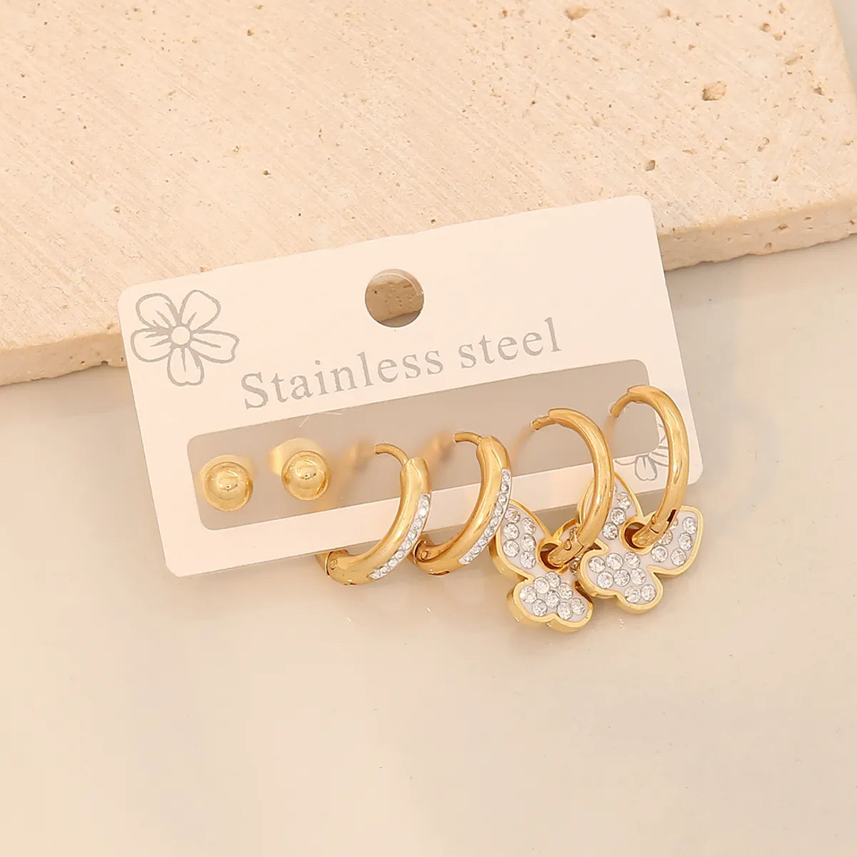 3 Pairs Simple Style Classic Style Heart Shape Butterfly Plating Inlay 304 Stainless Steel Zircon 18K Gold Plated Drop Earrings