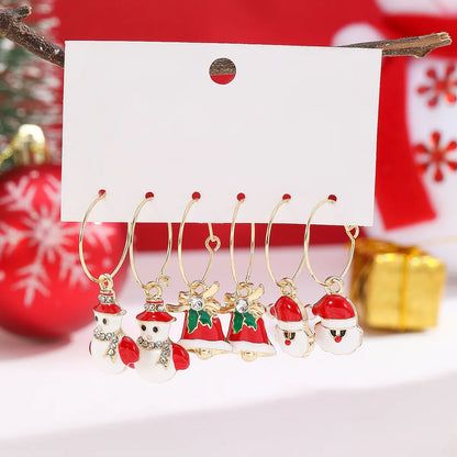 3 Pairs Simple Style Classic Style Santa Claus Bell Snowman Enamel Plating Inlay Alloy Rhinestones Gold Plated Hoop Earrings