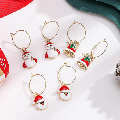 3 Pairs Simple Style Classic Style Santa Claus Bell Snowman Enamel Plating Inlay Alloy Rhinestones Gold Plated Hoop Earrings