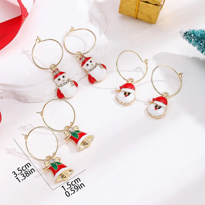 3 Pairs Simple Style Classic Style Santa Claus Bell Snowman Enamel Plating Inlay Alloy Rhinestones Gold Plated Hoop Earrings