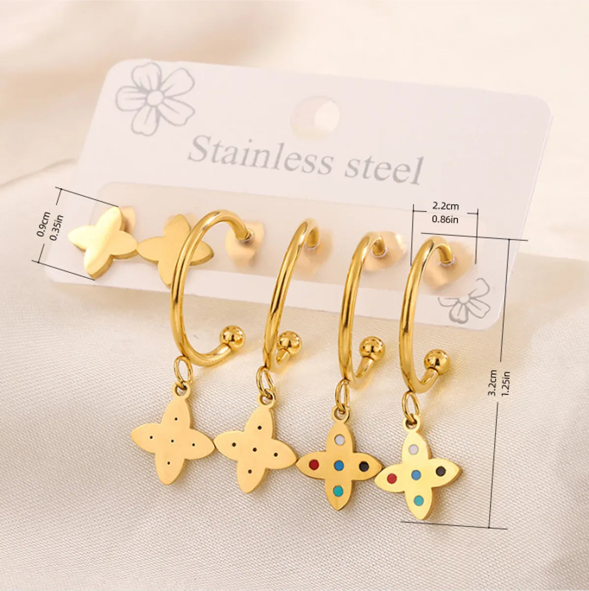 3 Pairs Simple Style  Heart Shape Flower Enamel 304 Stainless Steel 18K Gold Plated Drop Earrings Ear Studs