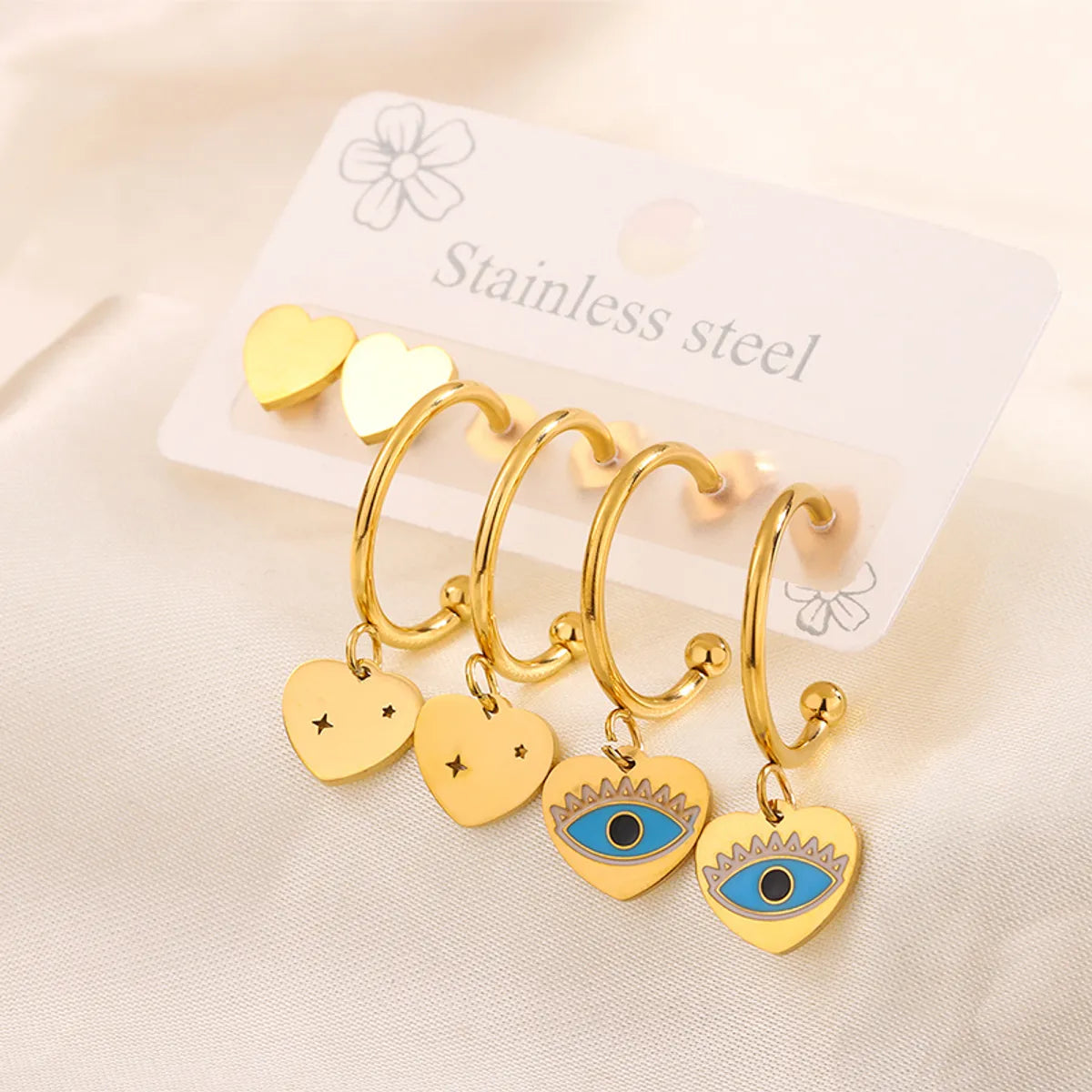 3 Pairs Simple Style  Heart Shape Flower Enamel 304 Stainless Steel 18K Gold Plated Drop Earrings Ear Studs