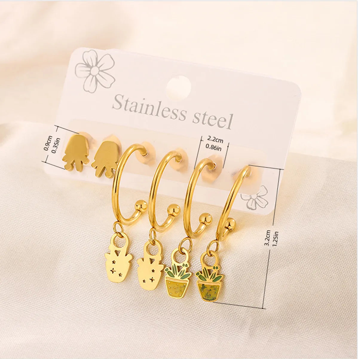 3 Pairs Simple Style  Heart Shape Flower Enamel 304 Stainless Steel 18K Gold Plated Drop Earrings Ear Studs