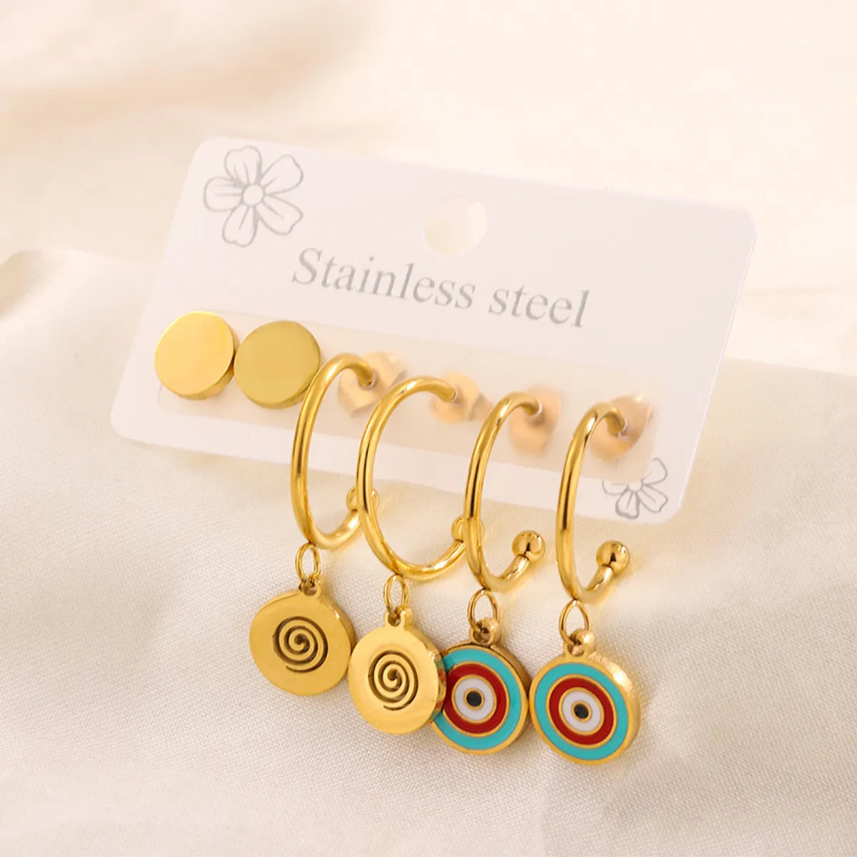 3 Pairs Simple Style  Heart Shape Flower Enamel 304 Stainless Steel 18K Gold Plated Drop Earrings Ear Studs