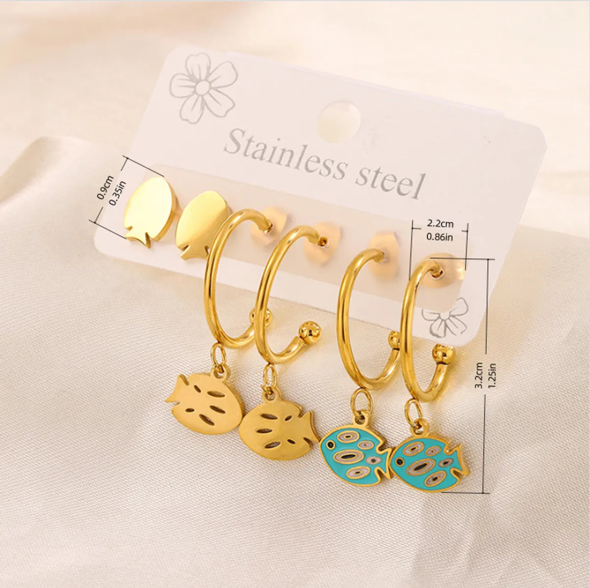 3 Pairs Simple Style  Heart Shape Flower Enamel 304 Stainless Steel 18K Gold Plated Drop Earrings Ear Studs