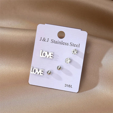 3 Pairs Simple Style Love Inlay 201 Stainless Steel Rhinestone Iron Zircon Ear Studs