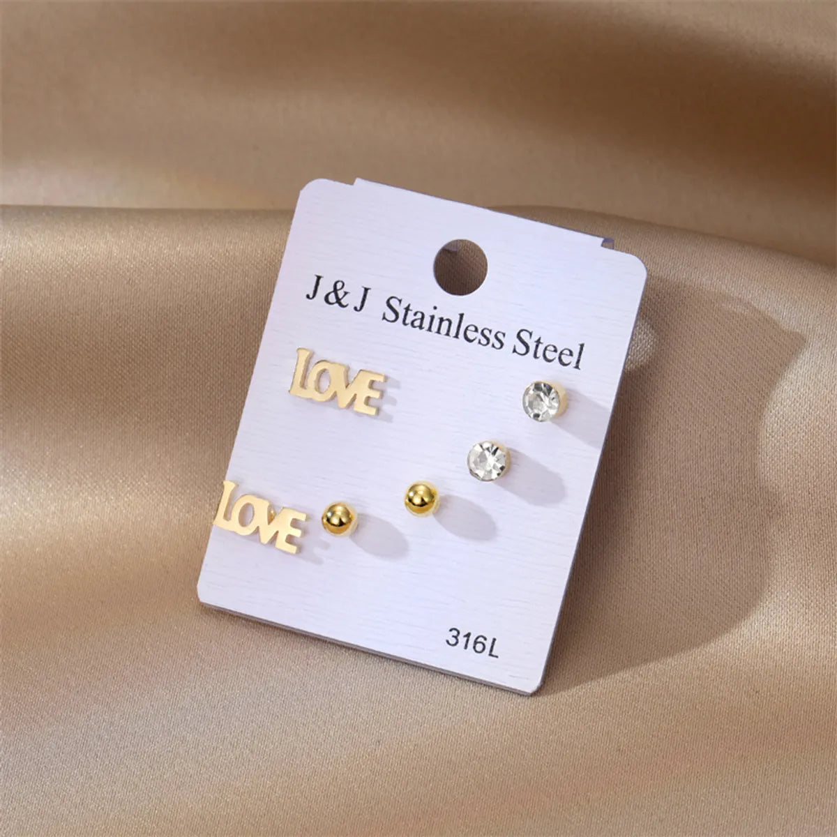 3 Pairs Simple Style Love Inlay 201 Stainless Steel Rhinestone Iron Zircon Ear Studs