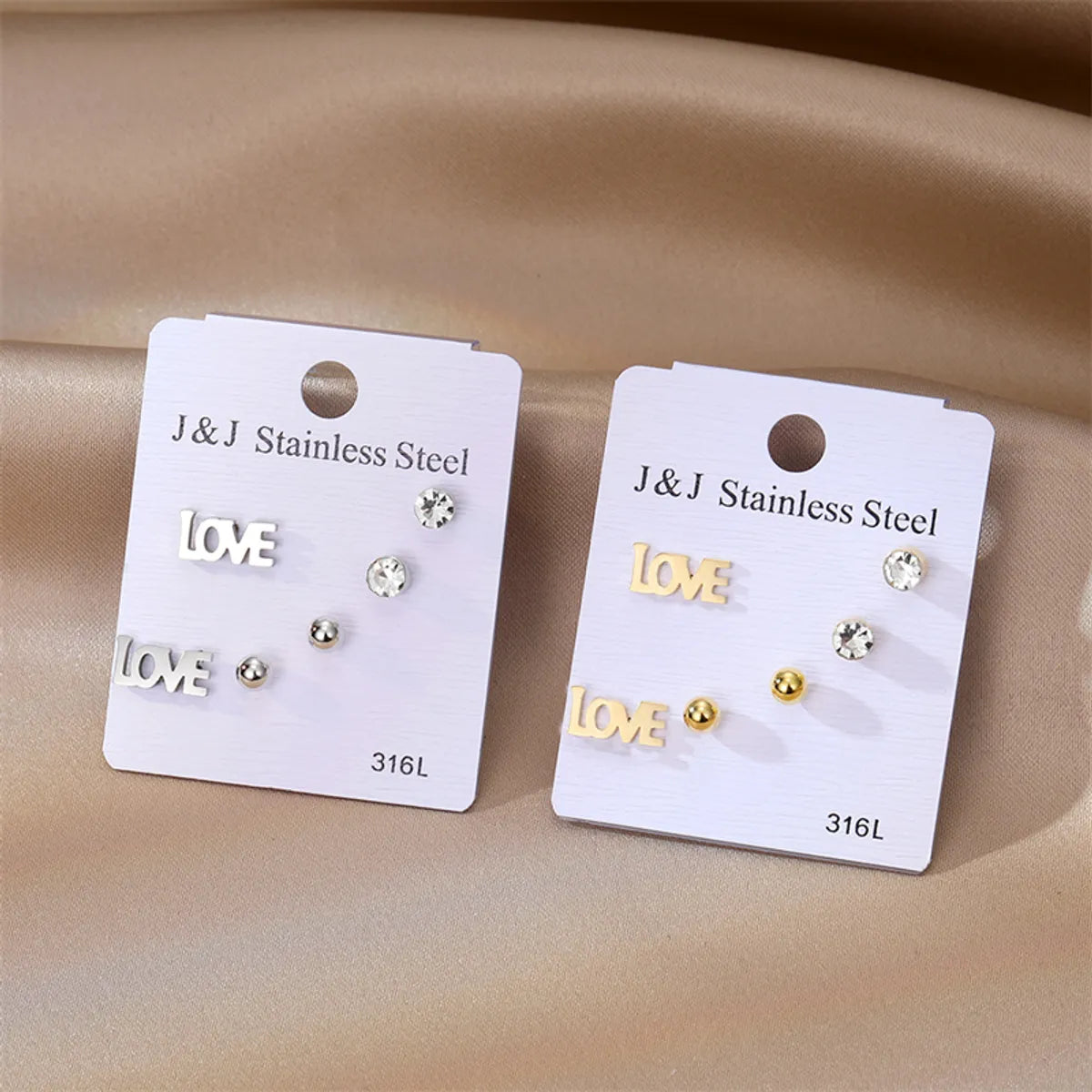 3 Pairs Simple Style Love Inlay 201 Stainless Steel Rhinestone Iron Zircon Ear Studs