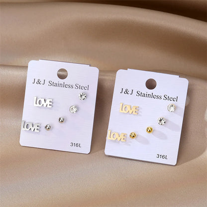 3 Pairs Simple Style Love Inlay 201 Stainless Steel Rhinestone Iron Zircon Ear Studs