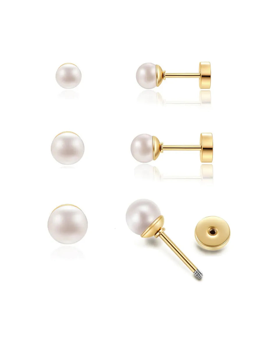 3 Pairs Simple Style Round Plating Inlay Stainless Steel Artificial Pearls 14k Gold Plated Ear Studs