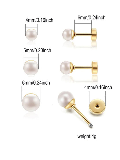 3 Pairs Simple Style Round Plating Inlay Stainless Steel Artificial Pearls 14k Gold Plated Ear Studs