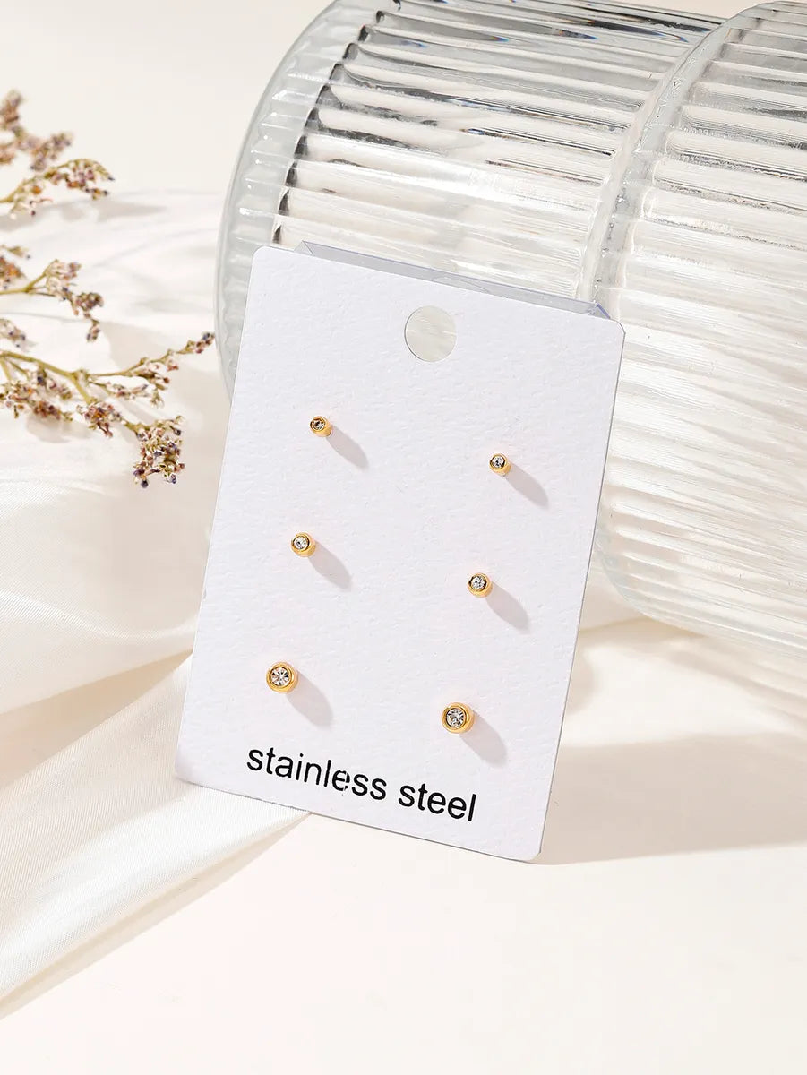 3 Pairs Simple Style Solid Color Inlay Stainless Steel Rhinestones Ear Studs