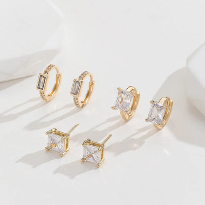 3 Pairs Simple Style Square Plating Inlay Copper Zircon Gold Plated Ear Studs