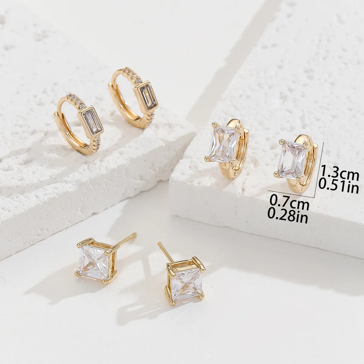 3 Pairs Simple Style Square Plating Inlay Copper Zircon Gold Plated Ear Studs