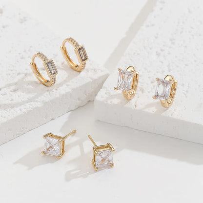 3 Pairs Simple Style Square Plating Inlay Copper Zircon Gold Plated Ear Studs