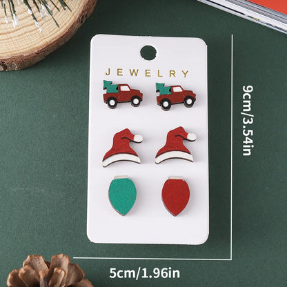 3 Pairs Vintage Style Christmas Hat Wood Ear Studs