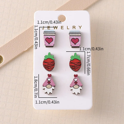 3 Pairs Vintage Style Heart Shape Strawberry Wood Ear Studs