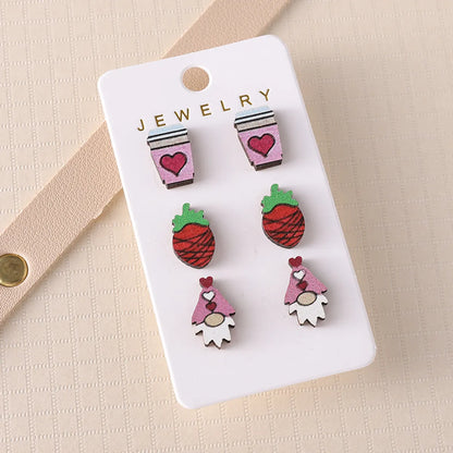 3 Pairs Vintage Style Heart Shape Strawberry Wood Ear Studs