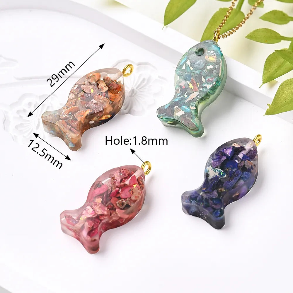 3 Pcs/Package 29x12.5mm Hole 1~1.9mm Natural Stone Copper 18K Gold Plated Multicolor Transparent Fish Polished Pendant