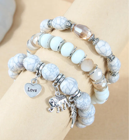 3 Piece Set Retro Letter Heart Shape Elephant Alloy Glass Beaded Women's Bracelets