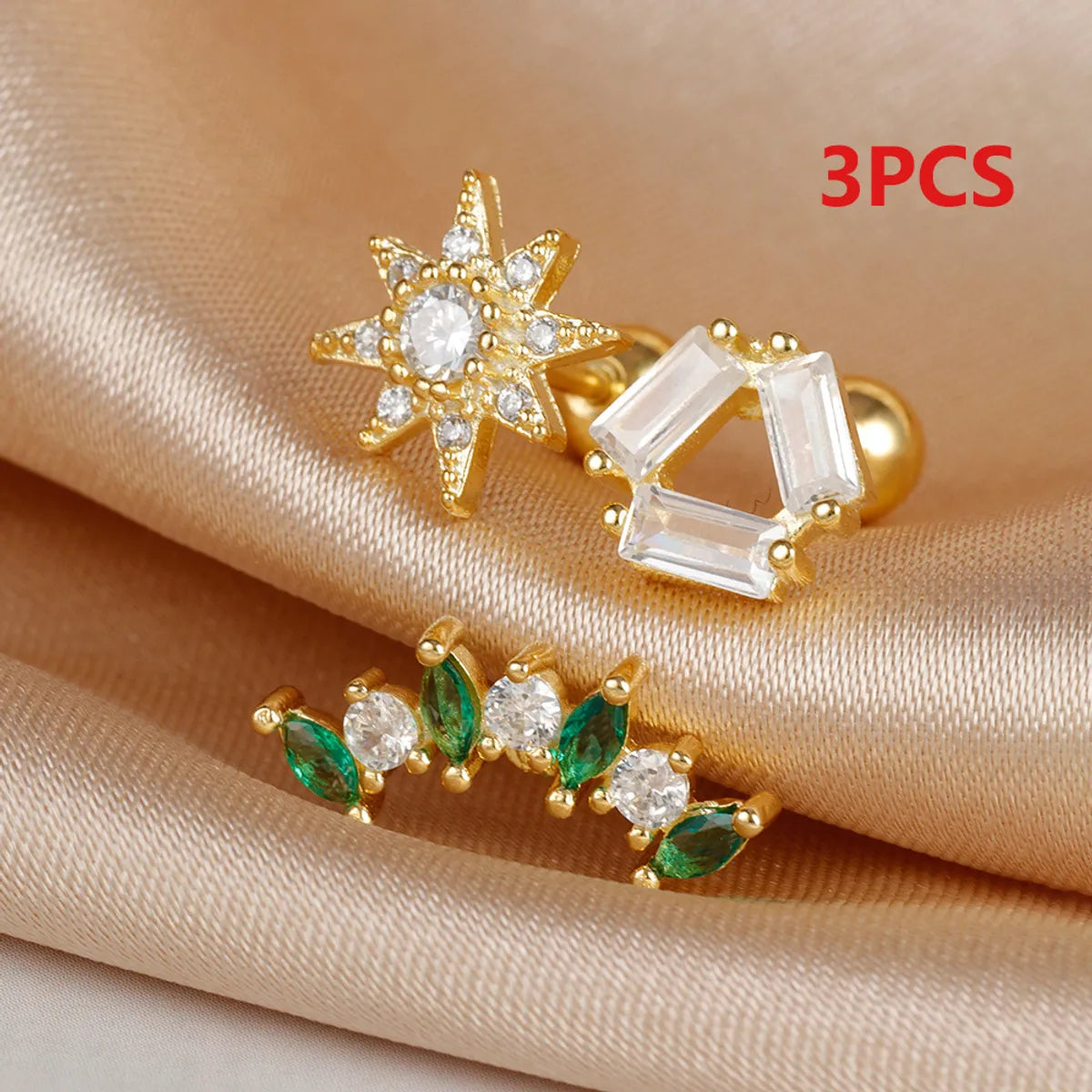 3 Pieces Elegant Lady Floral Irregular Plating 304 Stainless Steel Zircon Ear Studs