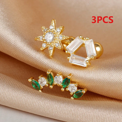 3 Pieces Elegant Lady Floral Irregular Plating 304 Stainless Steel Zircon Ear Studs