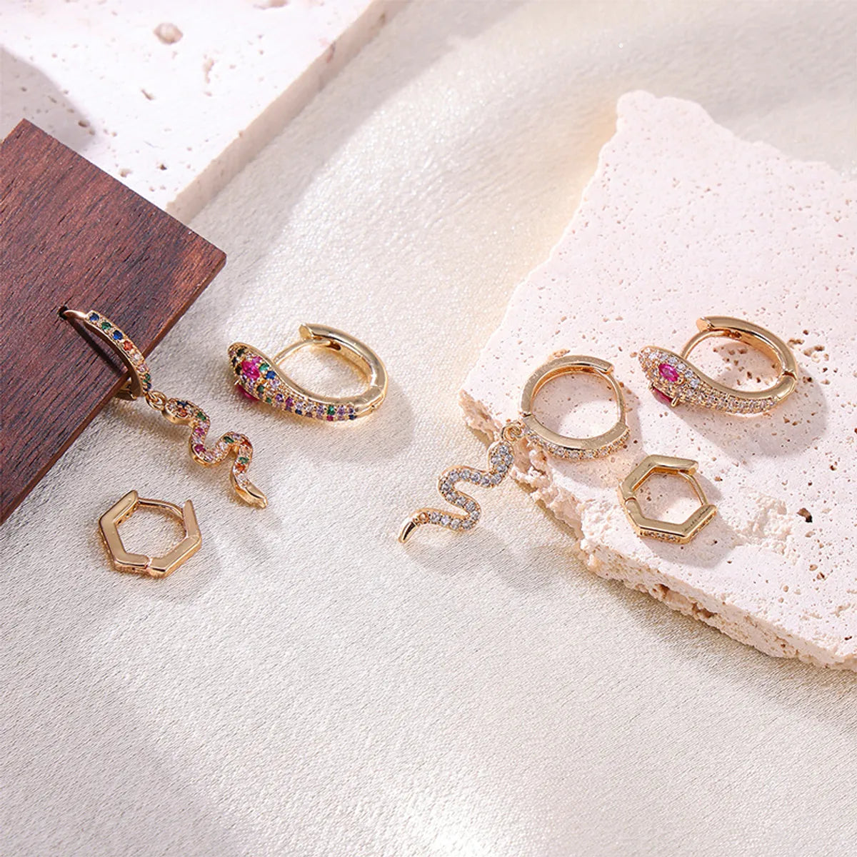 3 Pieces Exaggerated Punk Snake Plating Inlay Stainless Steel Zircon 18k Gold Plated Earrings