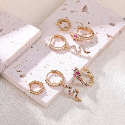 3 Pieces Exaggerated Punk Snake Plating Inlay Stainless Steel Zircon 18k Gold Plated Earrings