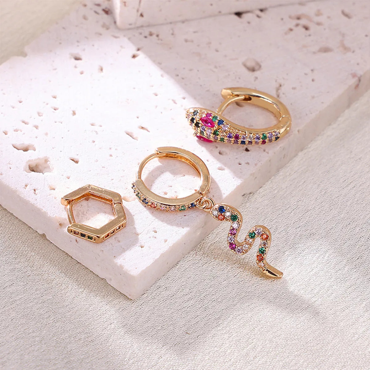 3 Pieces Exaggerated Punk Snake Plating Inlay Stainless Steel Zircon 18k Gold Plated Earrings