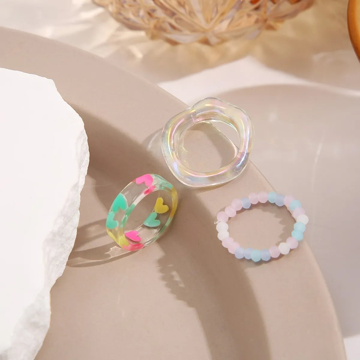 3 Pieces Fashion Heart Shape Plastic Resin Handmade Women's Rings