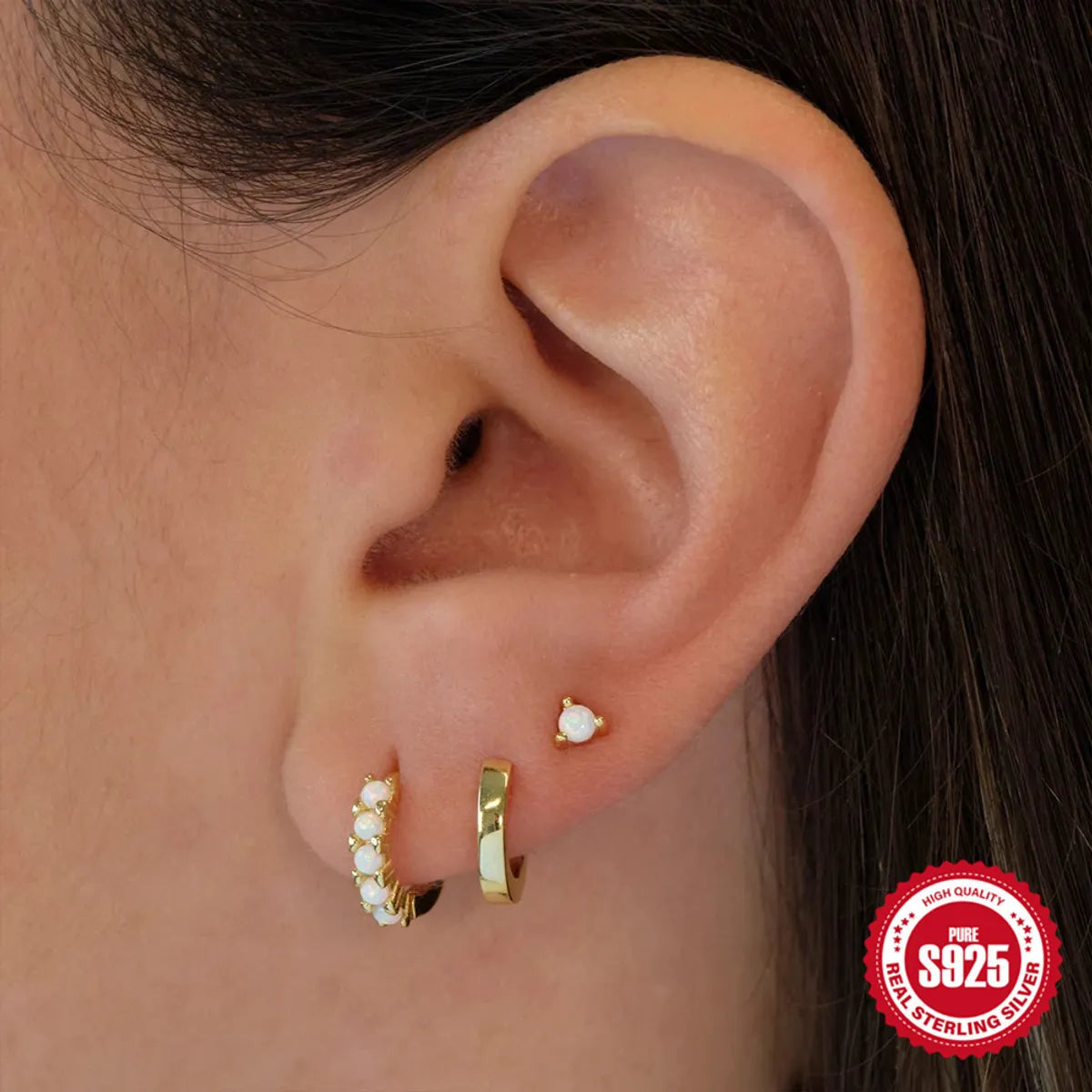 3 Pieces Set Simple Style Round Plating Inlay Sterling Silver Gem Earrings Ear Studs