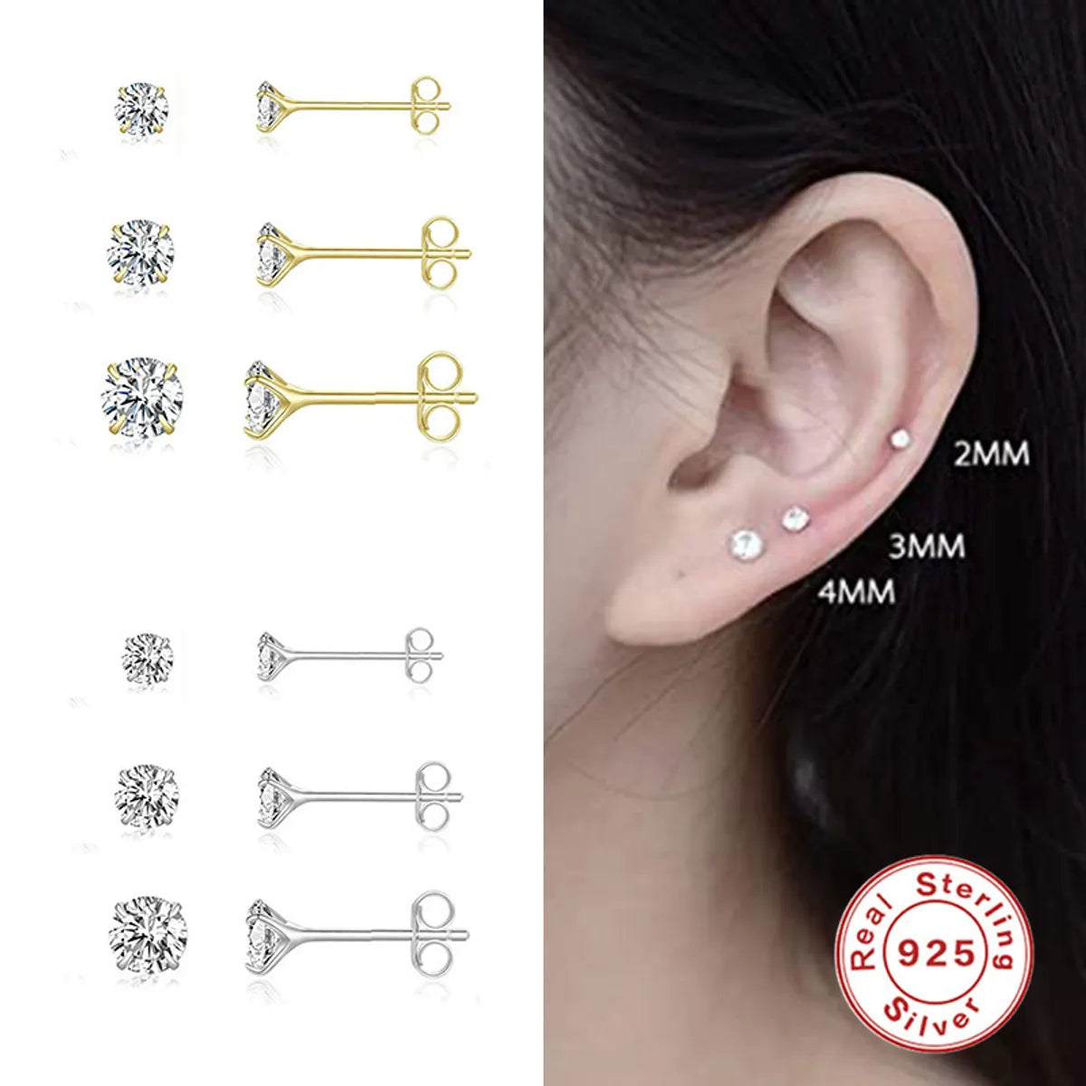 3 Pieces Set Simple Style Shiny Round Plating Inlay Sterling Silver Zircon Ear Studs