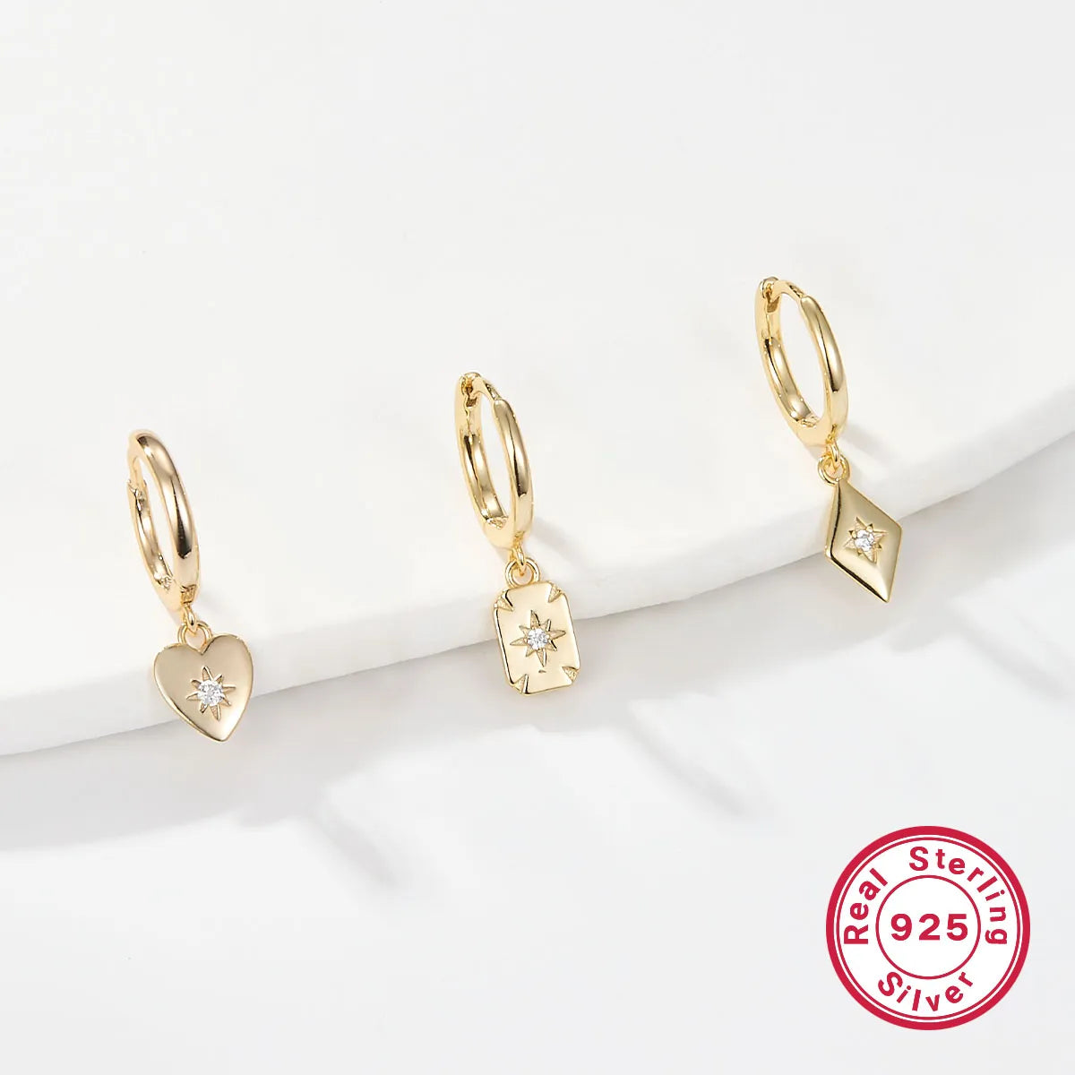 3 Pieces Set Vacation Square Heart Shape Rhombus Plating Sterling Silver Zircon White Gold Plated Gold Plated Drop Earrings