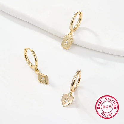 3 Pieces Set Vacation Square Heart Shape Rhombus Plating Sterling Silver Zircon White Gold Plated Gold Plated Drop Earrings